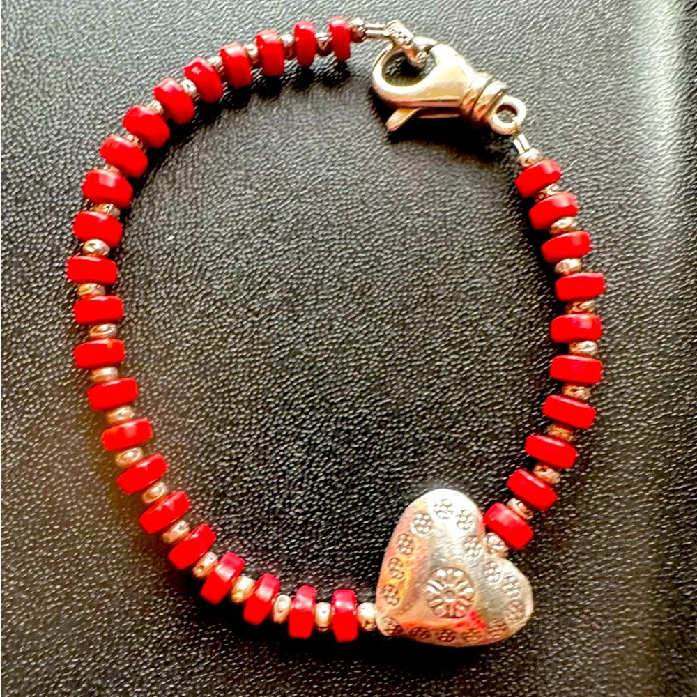 Silver Heart and Red Bead Bracelet with Lobster Clasp